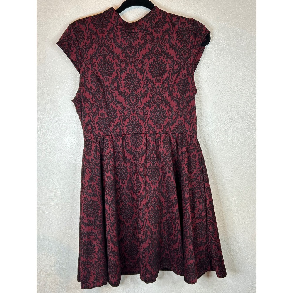 Rewind Womens Burgundy Black Damask Fit and Flare Dress Mock Neck Coquette M